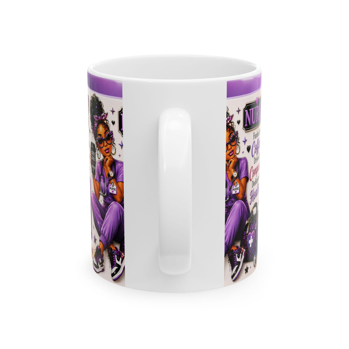 Nurse Ceramic Mug — "Fueled by Coffee, Driven by Compassion" Purple Scrub Gift (11oz, 15oz)