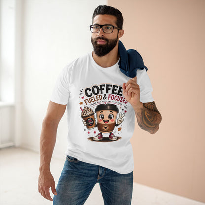 Coffee Fueled & Focused Tee — Cute Cartoon Coffee Cup Graphic Shirt