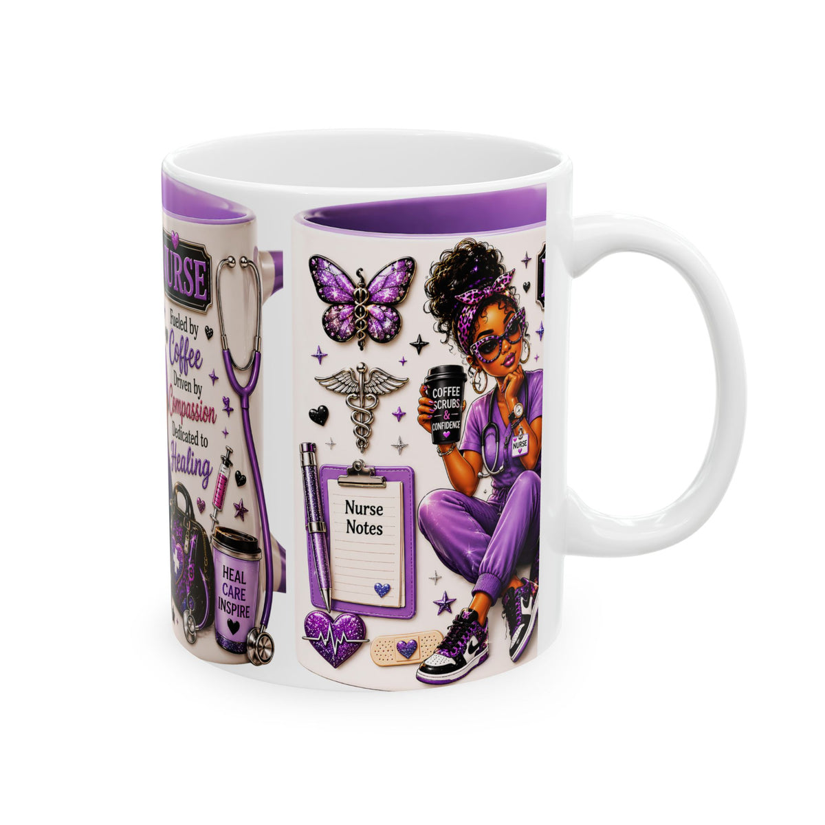 Nurse Ceramic Mug — "Fueled by Coffee, Driven by Compassion" Purple Scrub Gift (11oz, 15oz)