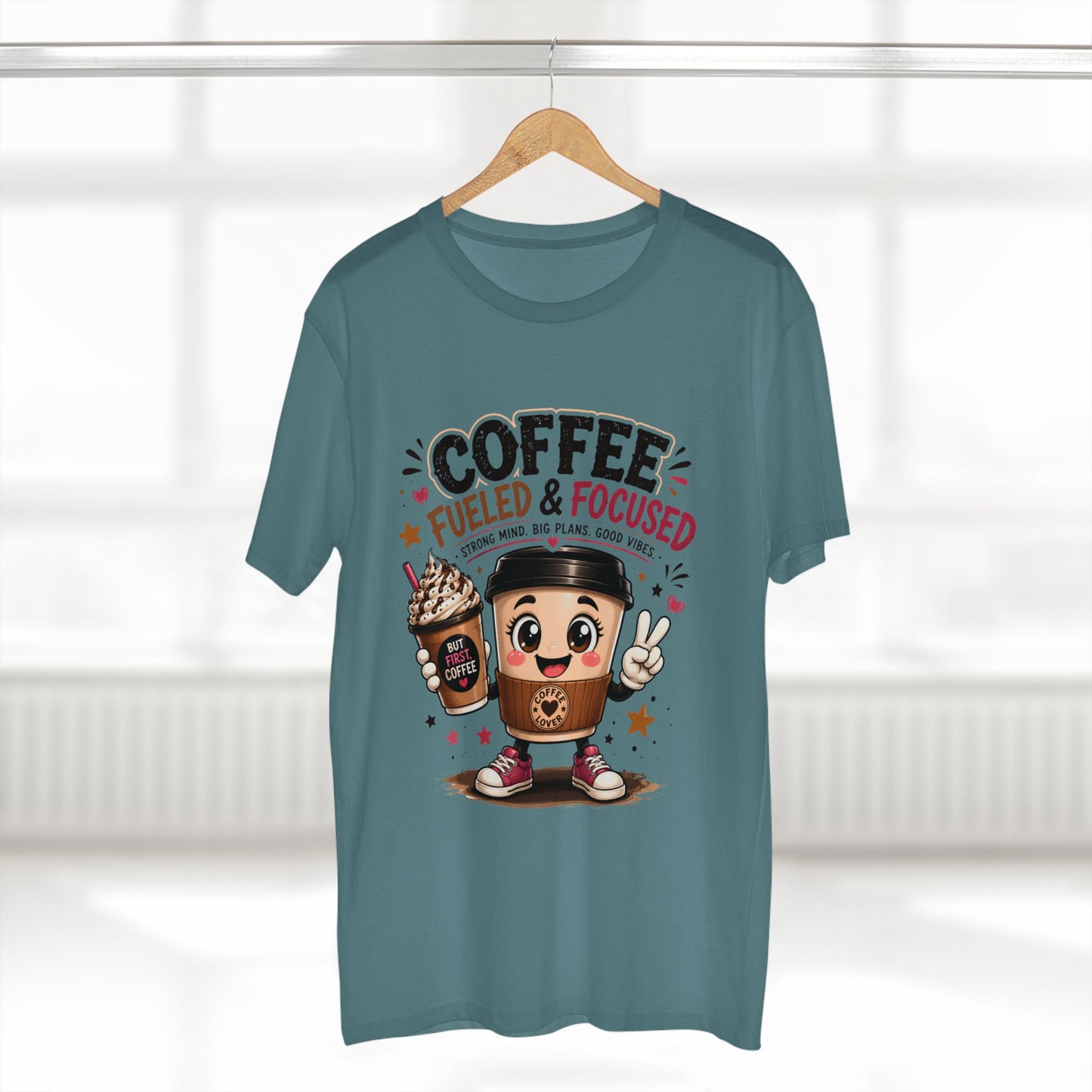 Coffee Fueled & Focused Tee — Cute Cartoon Coffee Cup Graphic Shirt