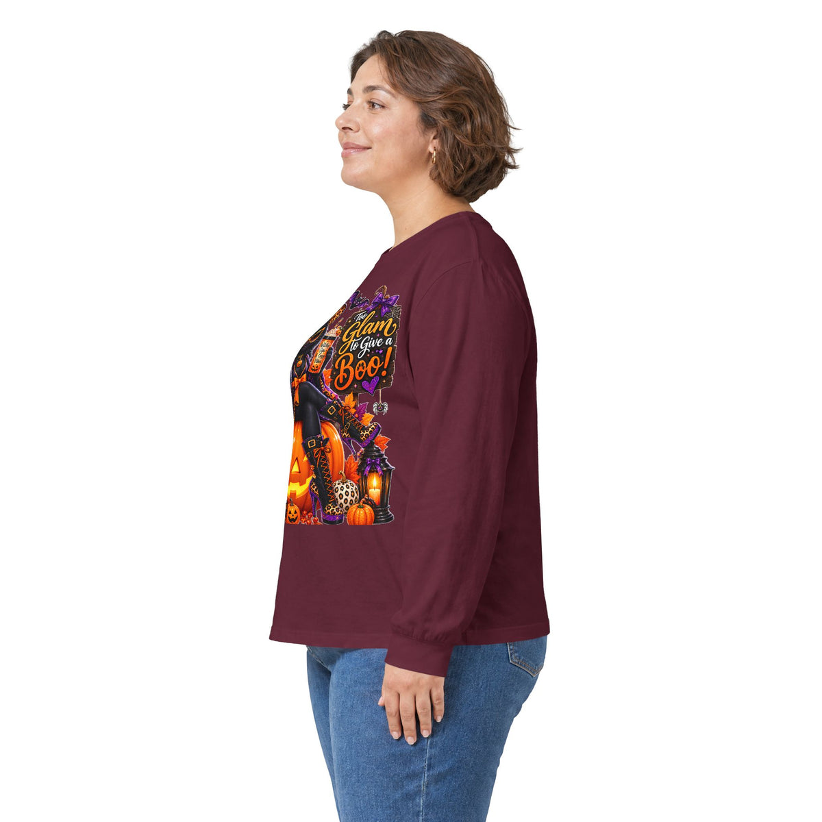 Halloween Witch Pumpkin Long Sleeve Tee — "Glam to Give a Boo!" Graphic Shirt