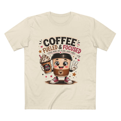 Coffee Fueled & Focused Tee — Cute Cartoon Coffee Cup Graphic Shirt