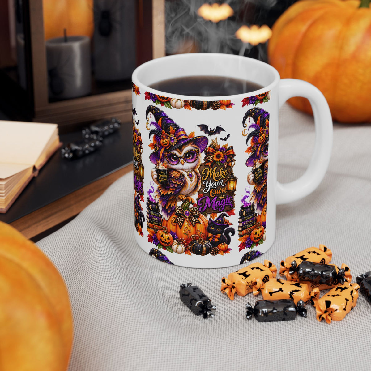 Halloween Owl Ceramic Mug — "Make Your Own Magic" Pumpkin Witch Coffee Cup (11oz/15oz)