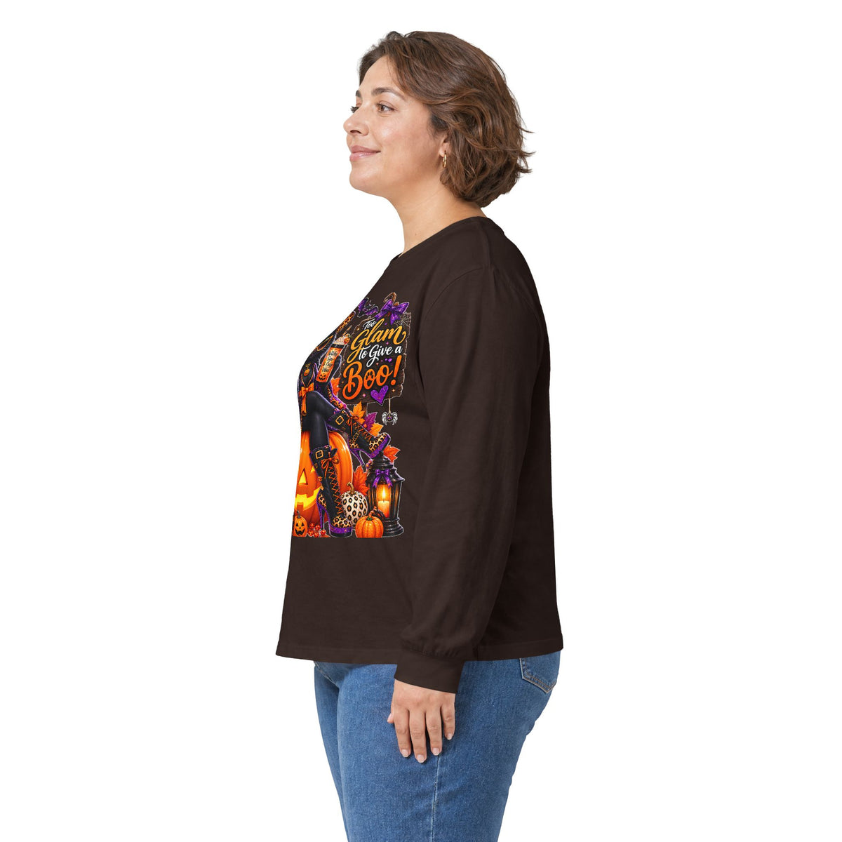 Halloween Witch Pumpkin Long Sleeve Tee — "Glam to Give a Boo!" Graphic Shirt