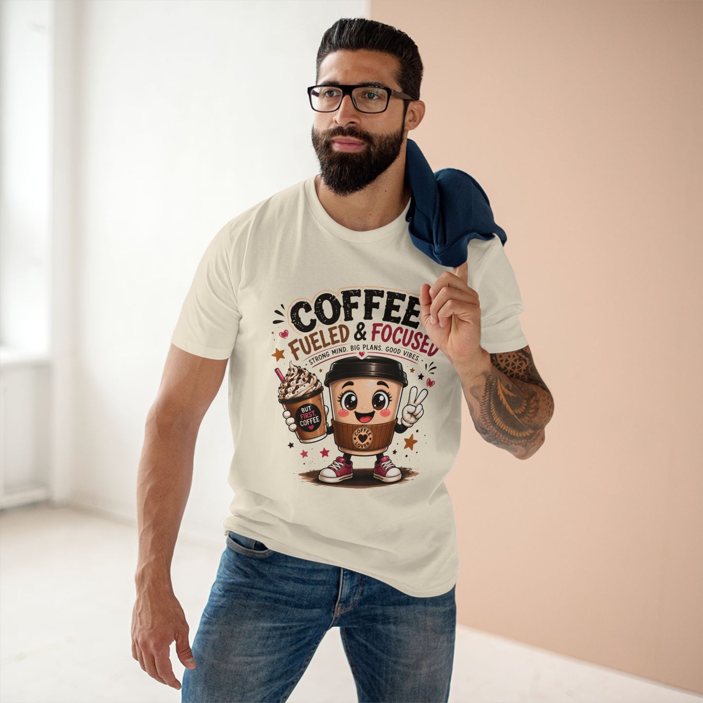 Coffee Fueled & Focused Tee — Cute Cartoon Coffee Cup Graphic Shirt
