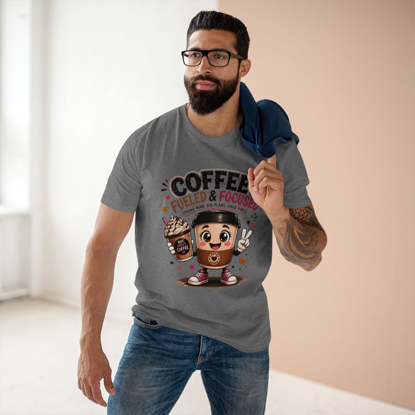 Coffee Fueled & Focused Tee — Cute Cartoon Coffee Cup Graphic Shirt