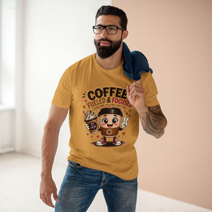 Coffee Fueled & Focused Tee — Cute Cartoon Coffee Cup Graphic Shirt