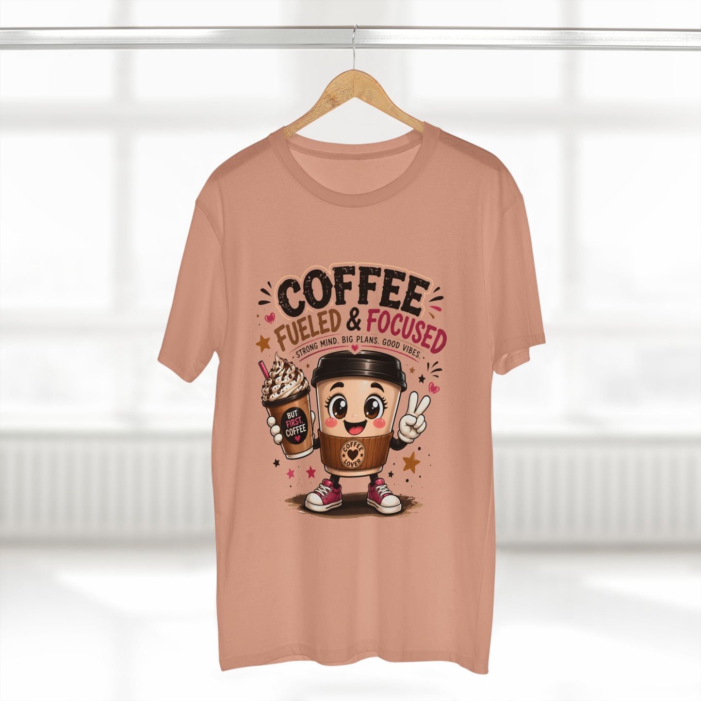 Coffee Fueled & Focused Tee — Cute Cartoon Coffee Cup Graphic Shirt