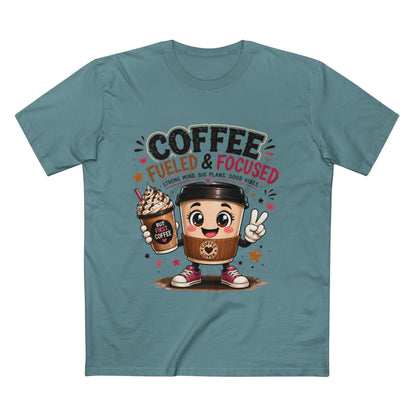 Coffee Fueled & Focused Tee — Cute Cartoon Coffee Cup Graphic Shirt