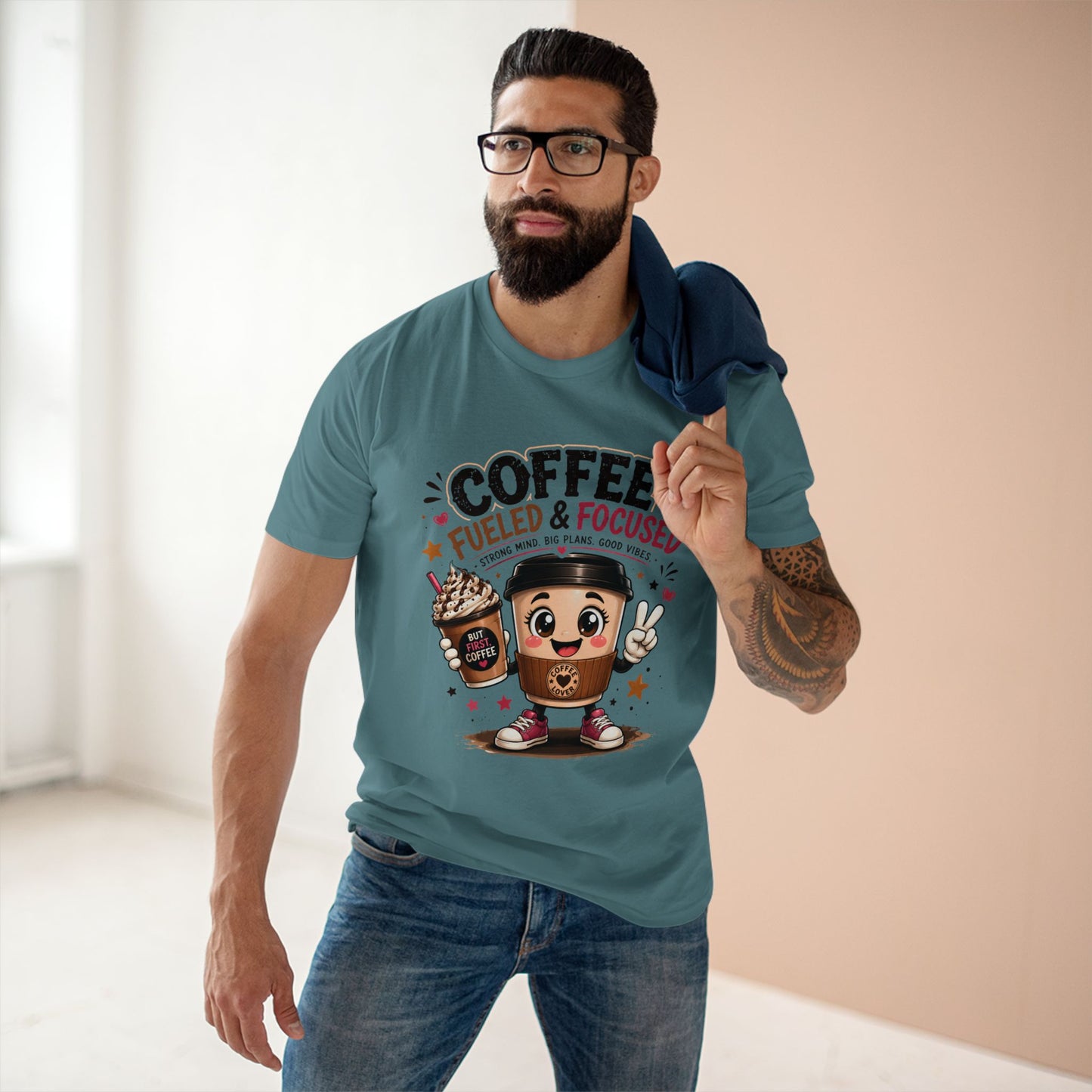 Coffee Fueled & Focused Tee — Cute Cartoon Coffee Cup Graphic Shirt