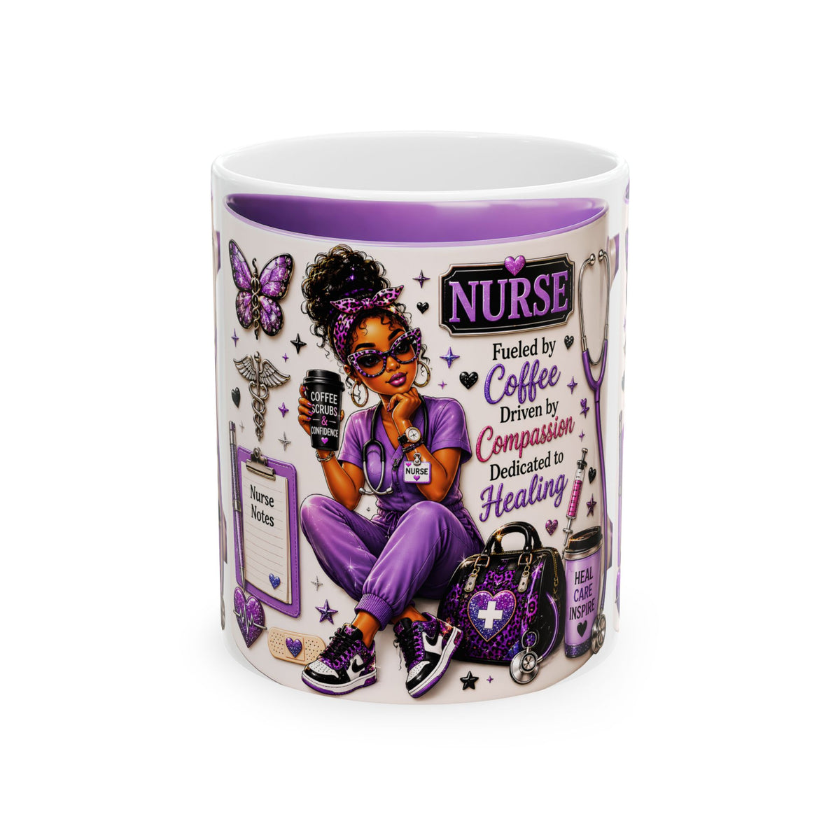 Nurse Ceramic Mug — "Fueled by Coffee, Driven by Compassion" Purple Scrub Gift (11oz, 15oz)