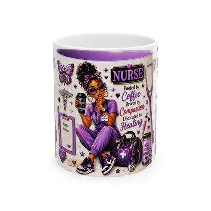 Nurse Ceramic Mug — "Fueled by Coffee, Driven by Compassion" Purple Scrub Gift (11oz, 15oz)
