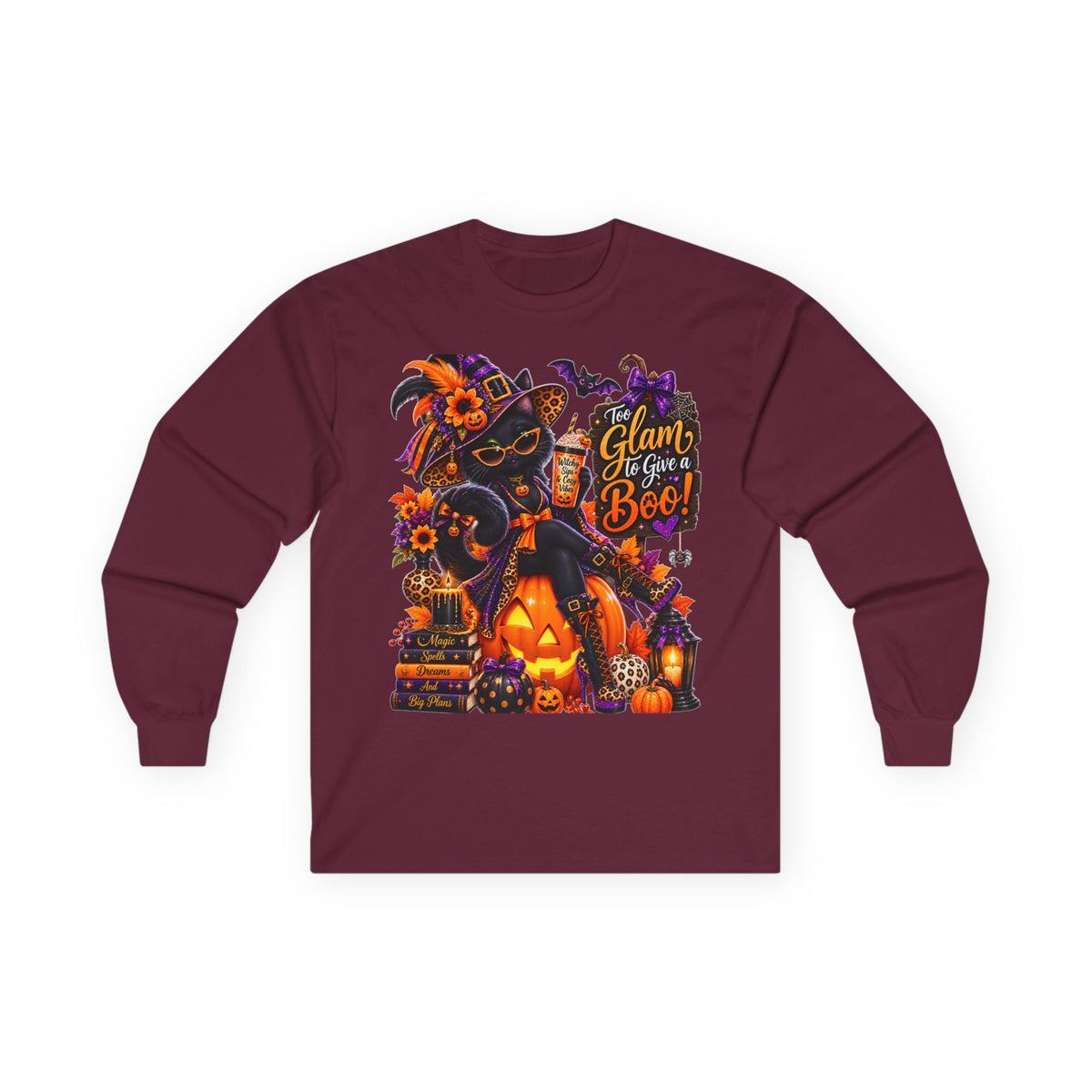Halloween Witch Pumpkin Long Sleeve Tee — "Glam to Give a Boo!" Graphic Shirt
