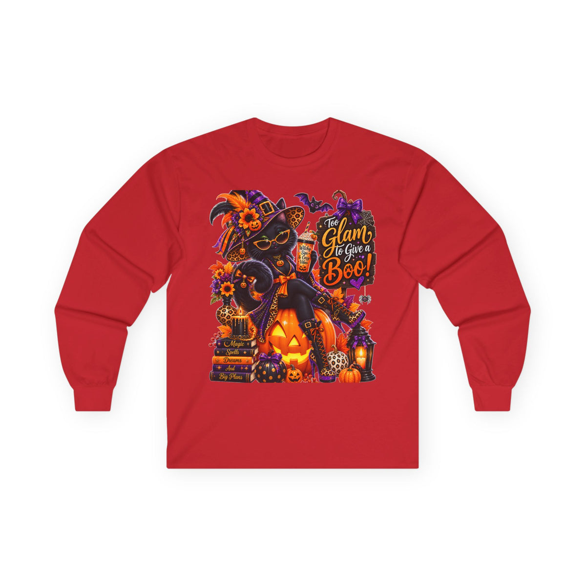 Halloween Witch Pumpkin Long Sleeve Tee — "Glam to Give a Boo!" Graphic Shirt
