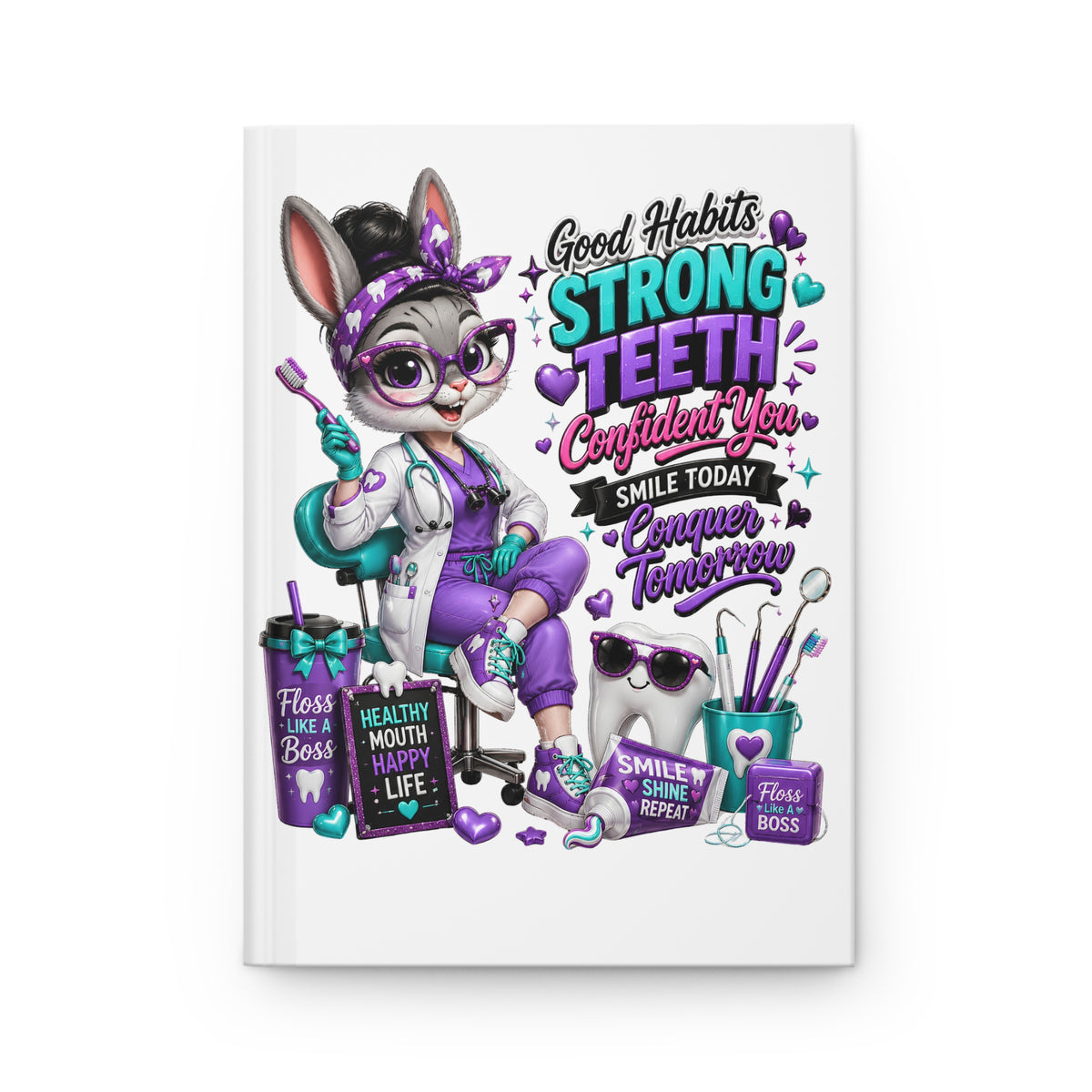 Strong Teeth Hardcover Journal — Dental Hygienist Bunny Motivational Lined Notebook