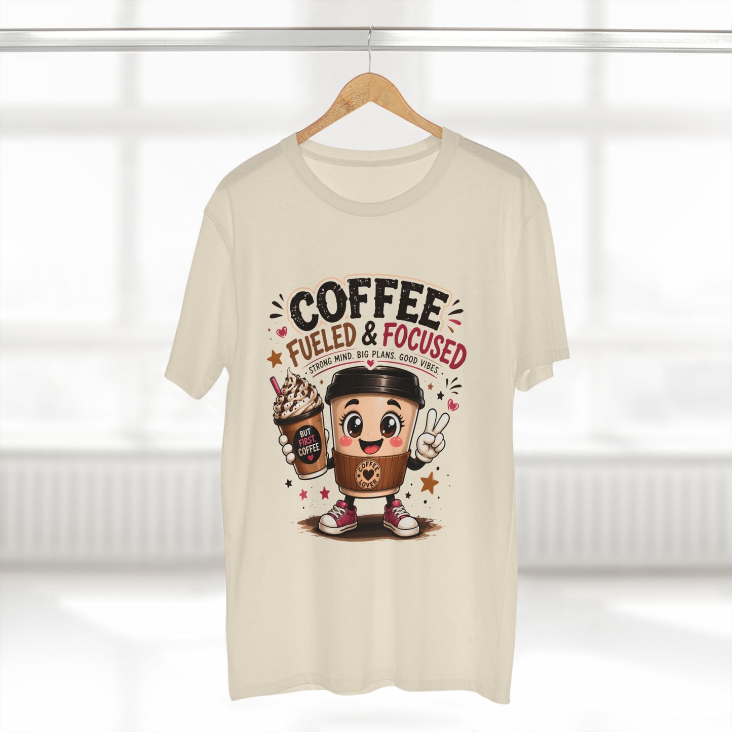 Coffee Fueled & Focused Tee — Cute Cartoon Coffee Cup Graphic Shirt