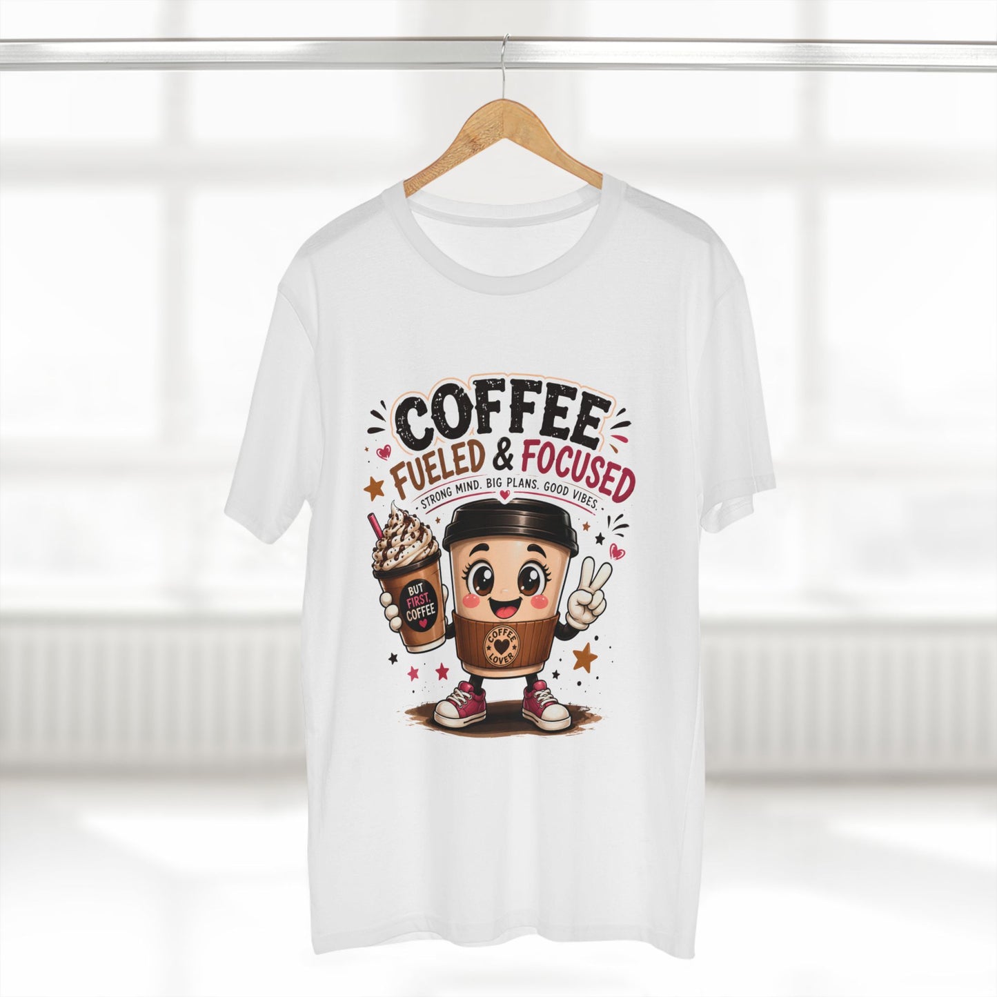 Coffee Fueled & Focused Tee — Cute Cartoon Coffee Cup Graphic Shirt