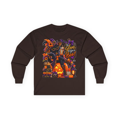 Halloween Witch Pumpkin Long Sleeve Tee — "Glam to Give a Boo!" Graphic Shirt