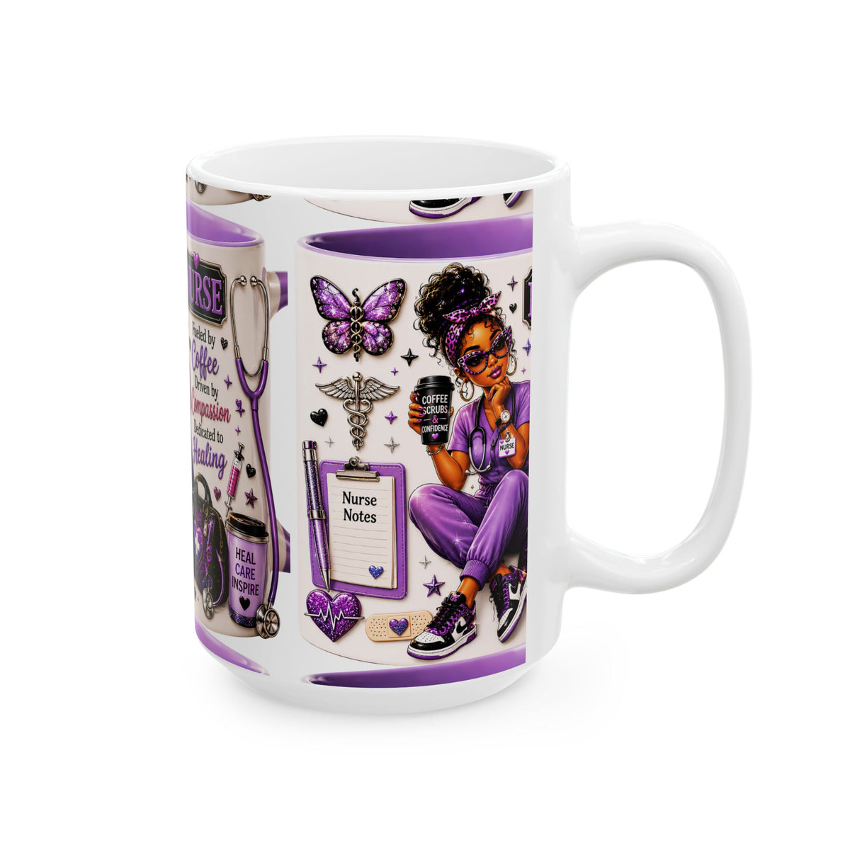 Nurse Ceramic Mug — "Fueled by Coffee, Driven by Compassion" Purple Scrub Gift (11oz, 15oz)