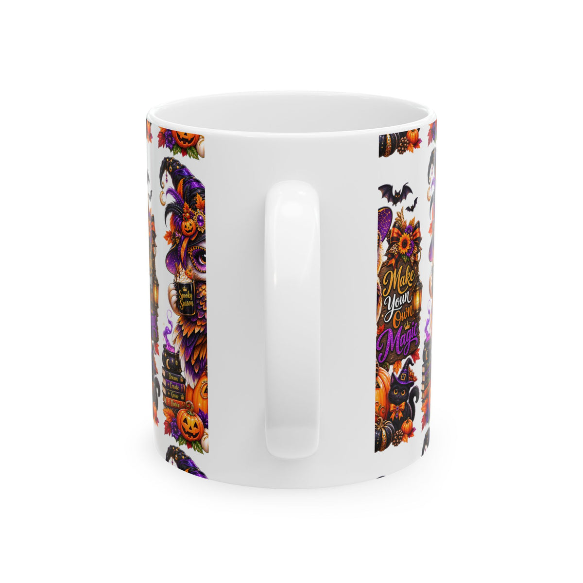 Halloween Owl Ceramic Mug — "Make Your Own Magic" Pumpkin Witch Coffee Cup (11oz/15oz)