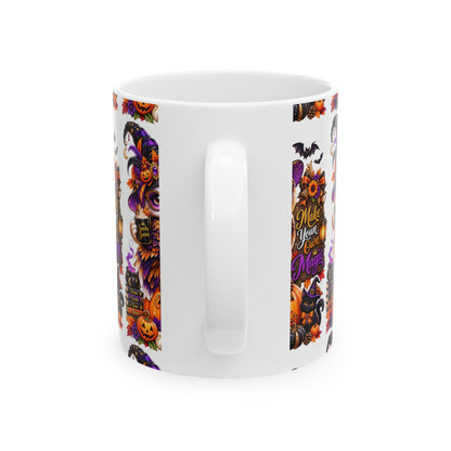 Halloween Owl Ceramic Mug — "Make Your Own Magic" Pumpkin Witch Coffee Cup (11oz/15oz)