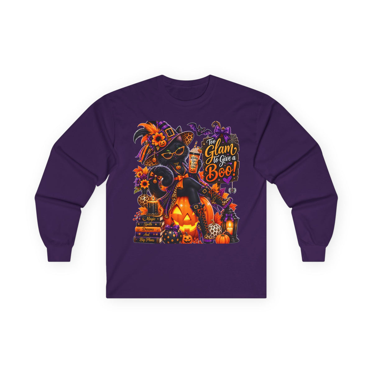 Halloween Witch Pumpkin Long Sleeve Tee — "Glam to Give a Boo!" Graphic Shirt
