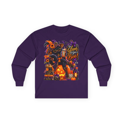 Halloween Witch Pumpkin Long Sleeve Tee — "Glam to Give a Boo!" Graphic Shirt