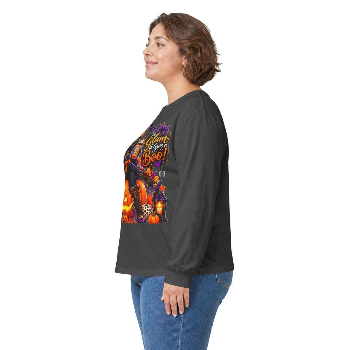 Halloween Witch Pumpkin Long Sleeve Tee — "Glam to Give a Boo!" Graphic Shirt