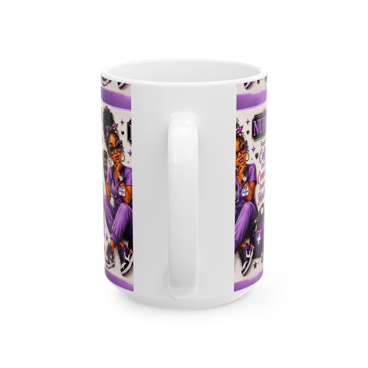 Nurse Ceramic Mug — "Fueled by Coffee, Driven by Compassion" Purple Scrub Gift (11oz, 15oz)