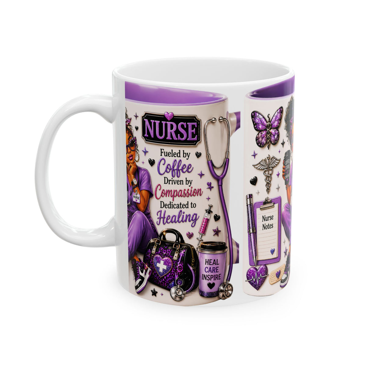 Nurse Ceramic Mug — "Fueled by Coffee, Driven by Compassion" Purple Scrub Gift (11oz, 15oz)