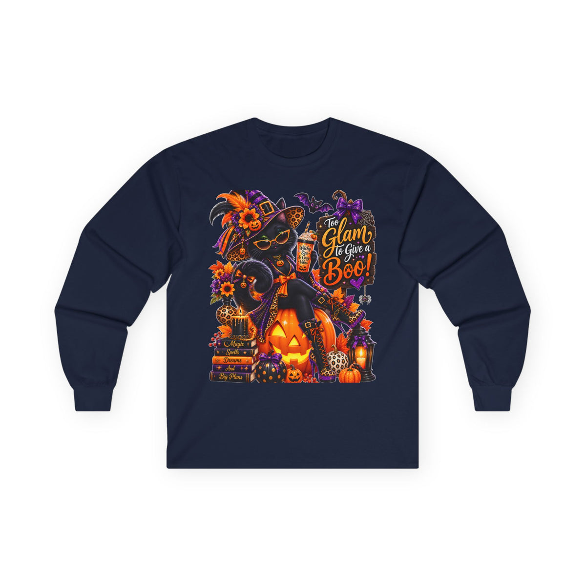 Halloween Witch Pumpkin Long Sleeve Tee — "Glam to Give a Boo!" Graphic Shirt