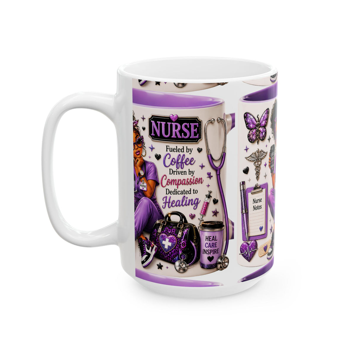 Nurse Ceramic Mug — "Fueled by Coffee, Driven by Compassion" Purple Scrub Gift (11oz, 15oz)