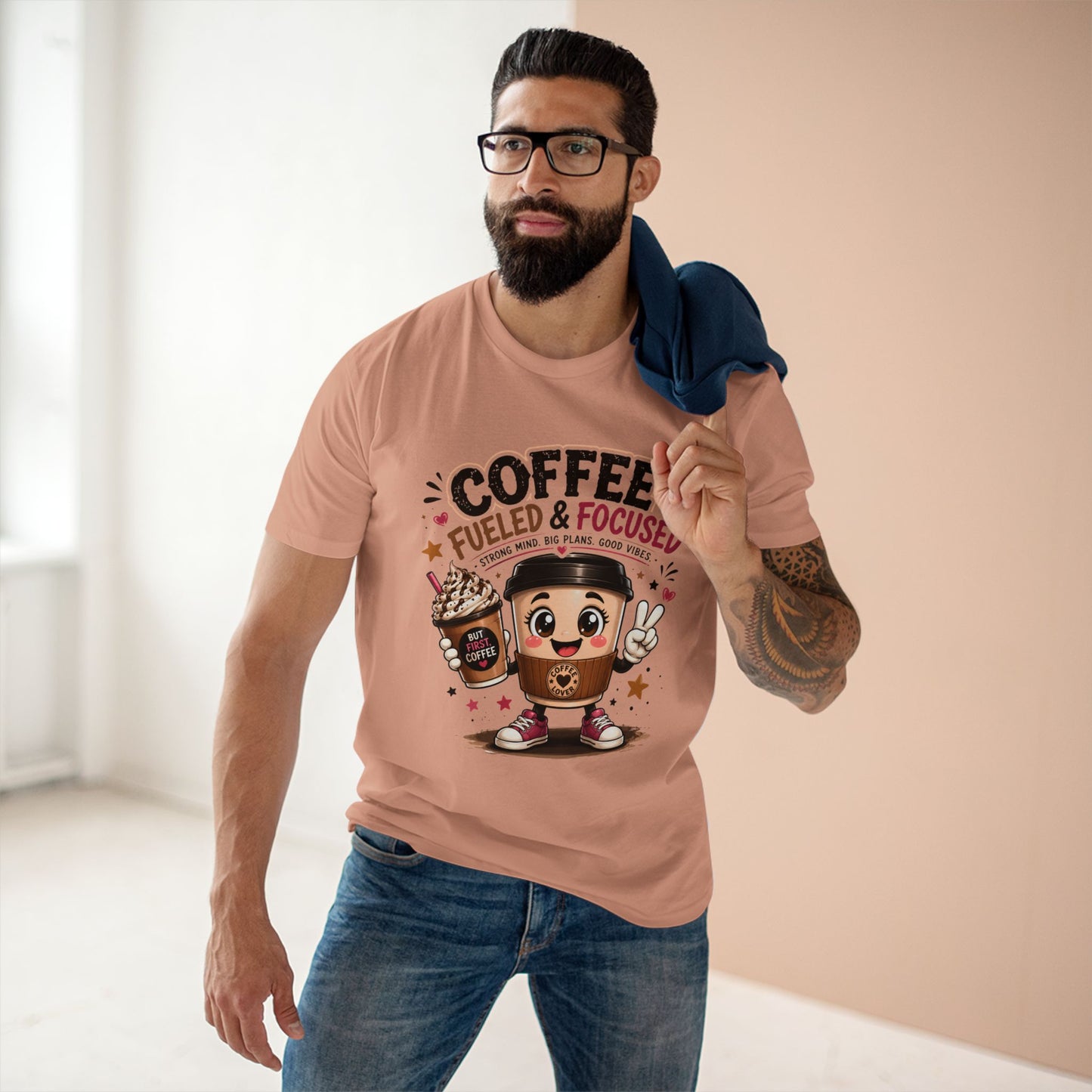 Coffee Fueled & Focused Tee — Cute Cartoon Coffee Cup Graphic Shirt