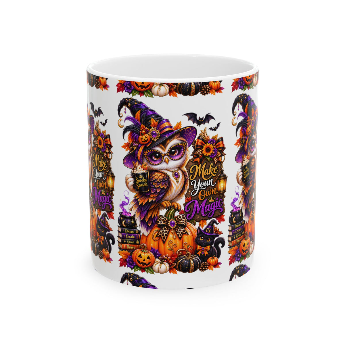 Halloween Owl Ceramic Mug — "Make Your Own Magic" Pumpkin Witch Coffee Cup (11oz/15oz)